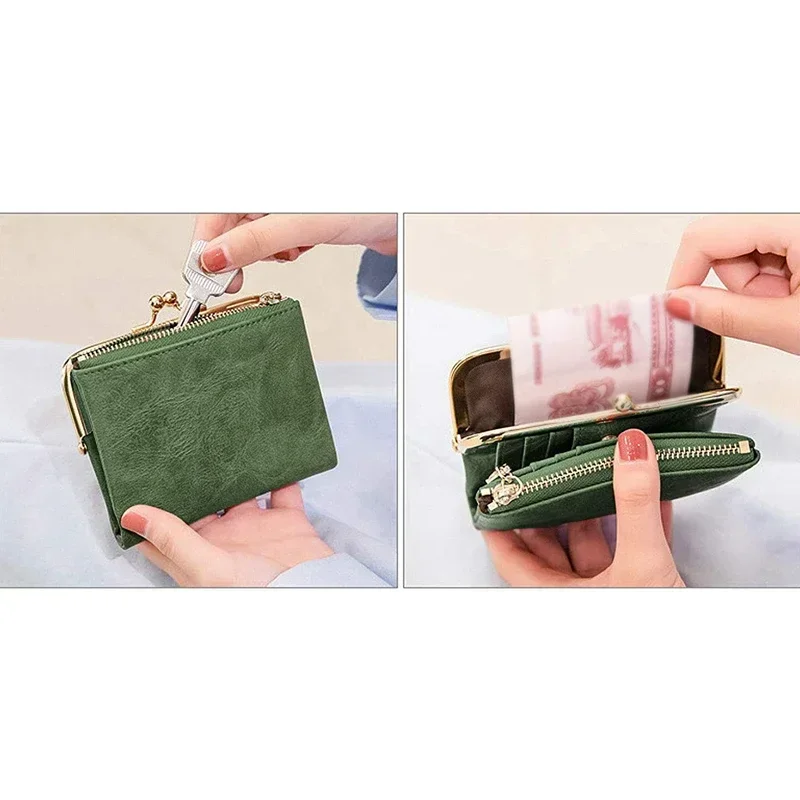 Women's Wallet Short Bifold Retro Multifunction Coin Purse with Zip and Kiss Lock Green PU Leather Female Short Purses