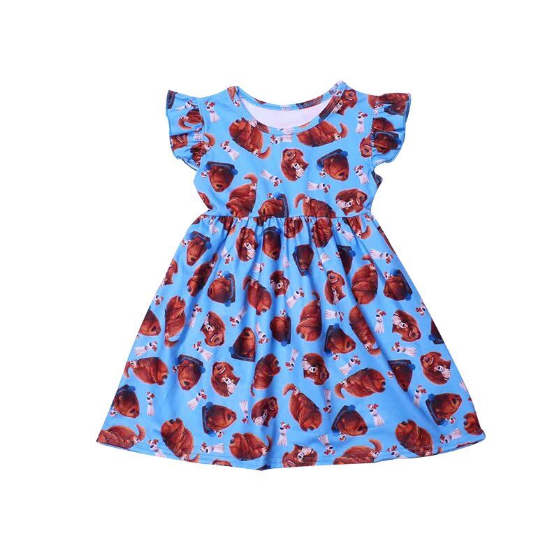 Robe en soie pour enfants, tenue de Boutique, manches perles bleues, longueur aux genoux, vêtements trapèze,