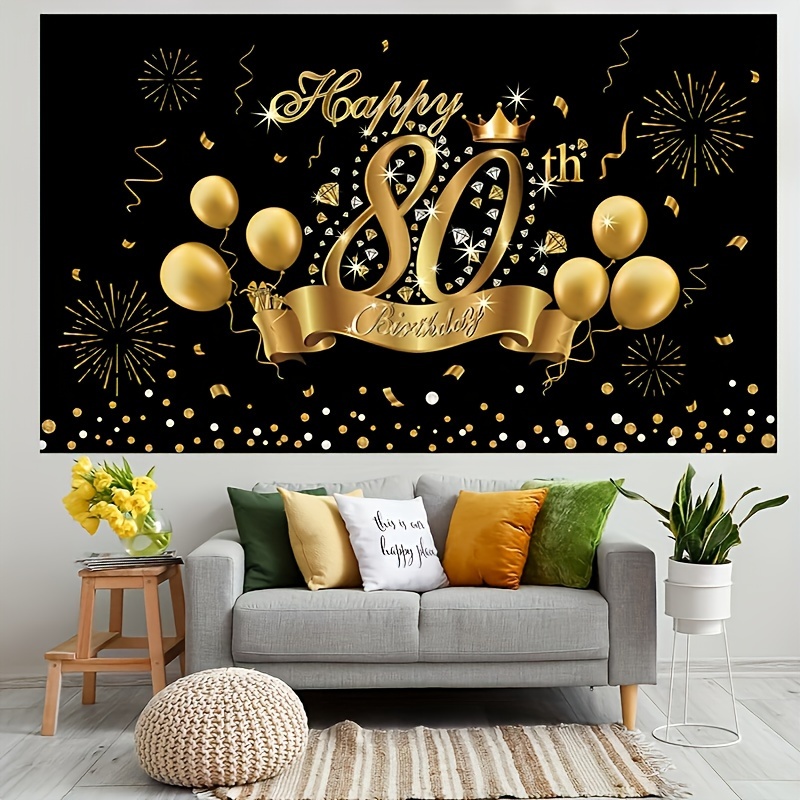 Decoración de feliz cumpleaños, decoración de feliz 80 cumpleaños, pancarta, telón de fondo, decoración de , cartel de 80 cumpleaños dorado negro