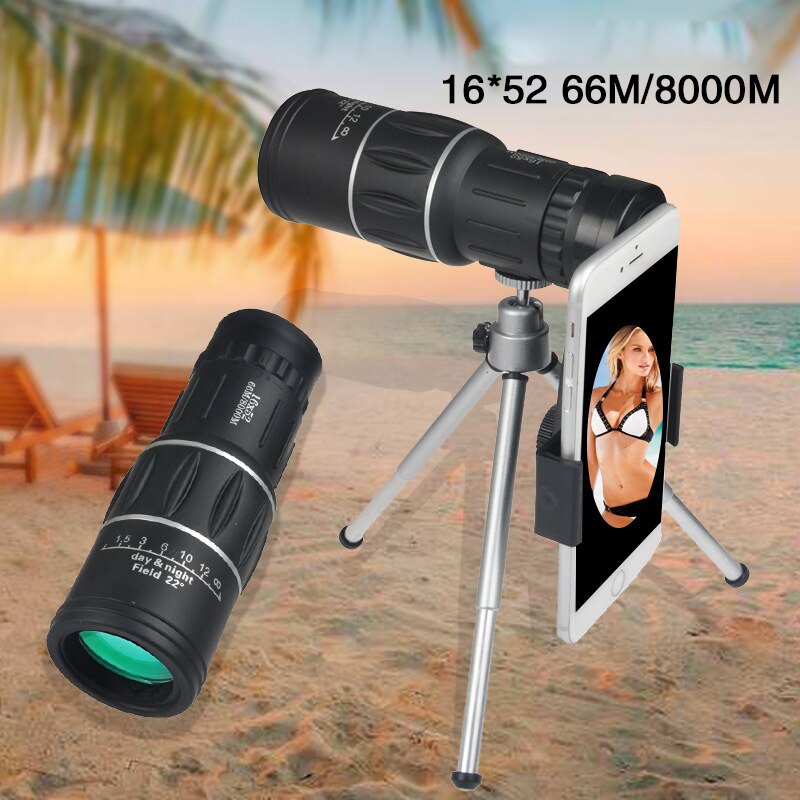 16X52 Magnify Optical HD Lens Monocular Telescope with Tripod and Clip for Universal Phone