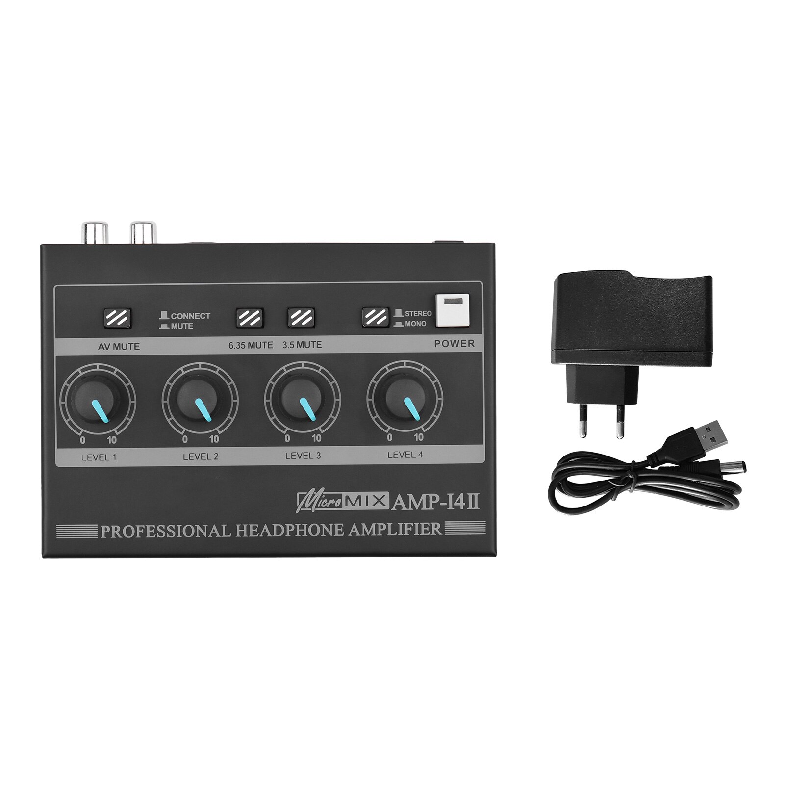 AMP-14 4-Channel Headphone Amplifier Protable Stereo Headphone Amp with RCA/6.35mm/3.5mm Input Volume Control