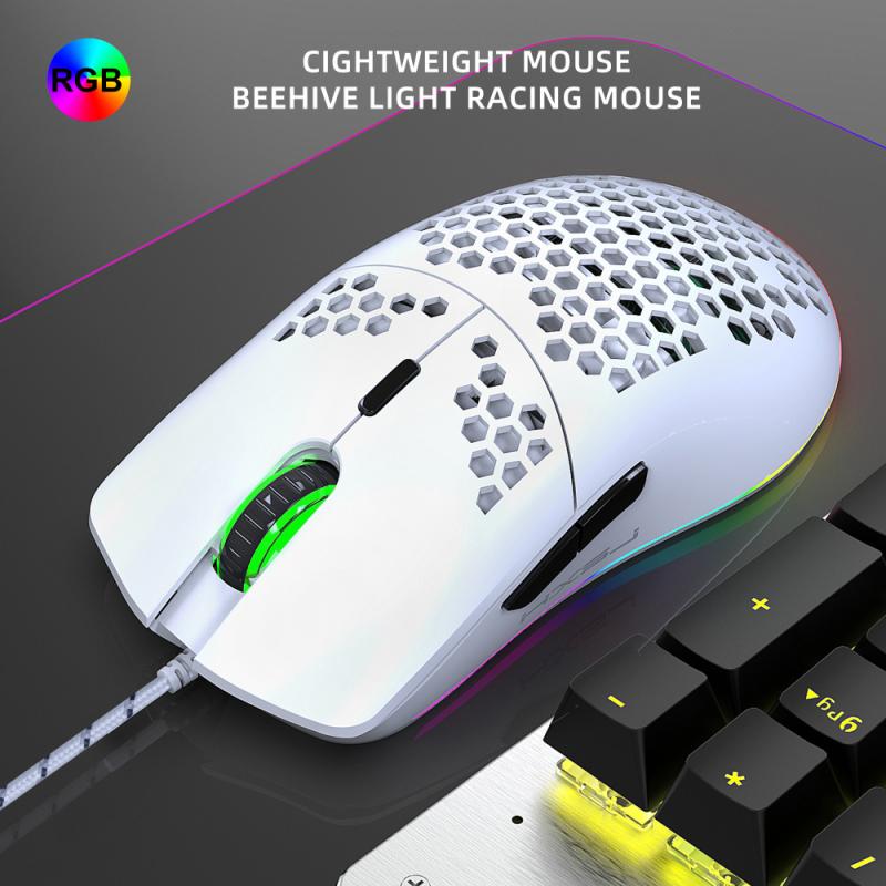 HXSJ J900 USB Wired Gaming Mouse RGB Gamer Mouses with Six Adjustable DPI Honeycomb Hollow Ergonomic for Desktop Laptop