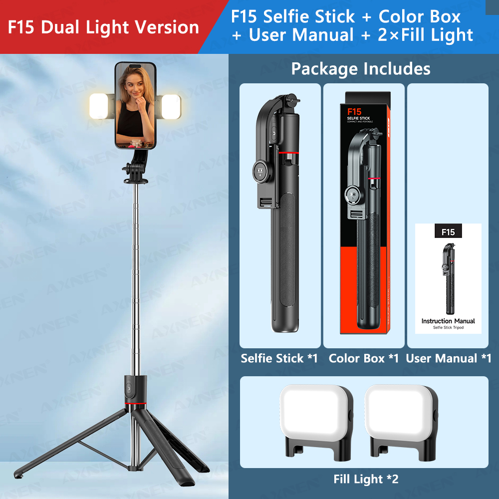 Trípode/palo selfie F15 con control remoto Bluetooth, poste extensible de 6 secciones, 360 ° Rotación, opción de luz de relleno, para teléfono Vlog: Naranja