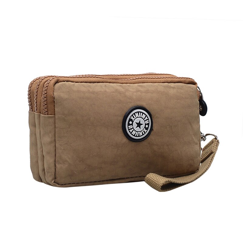 Washed nylon three-layer zipper cosmetic bag small cloth bag: Khaki