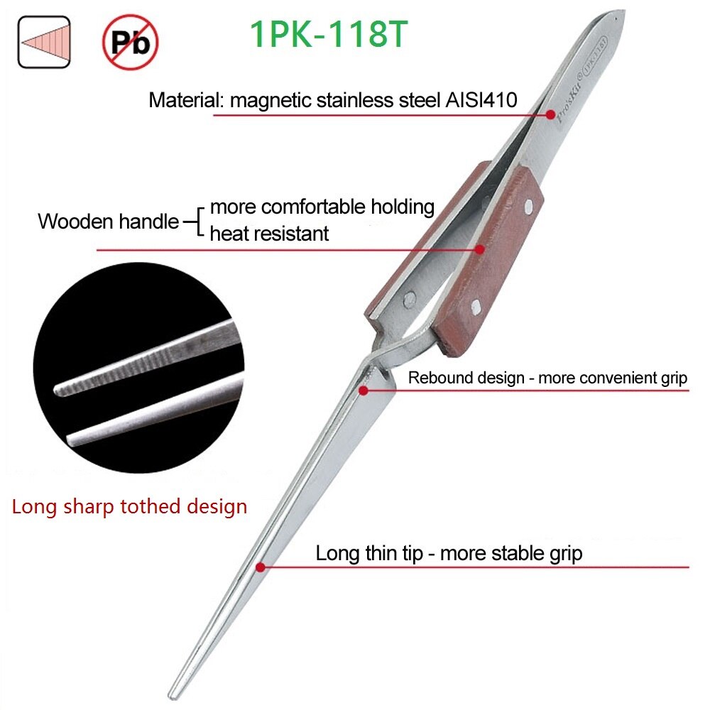 Pro'sKit Reverse Action Tweezer Magneticable With fiber handle Self-Gripping Precision Repair Tool