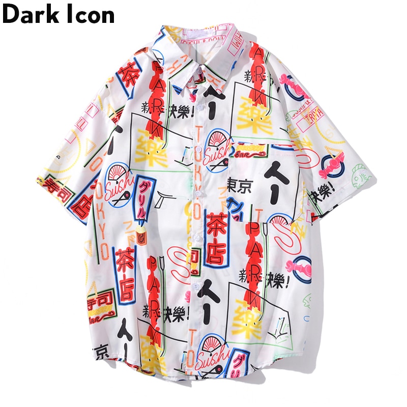 Mörk ikon tryckt hawaii skjorta herr sommar herrskjorta kortärmad streetwear kläder