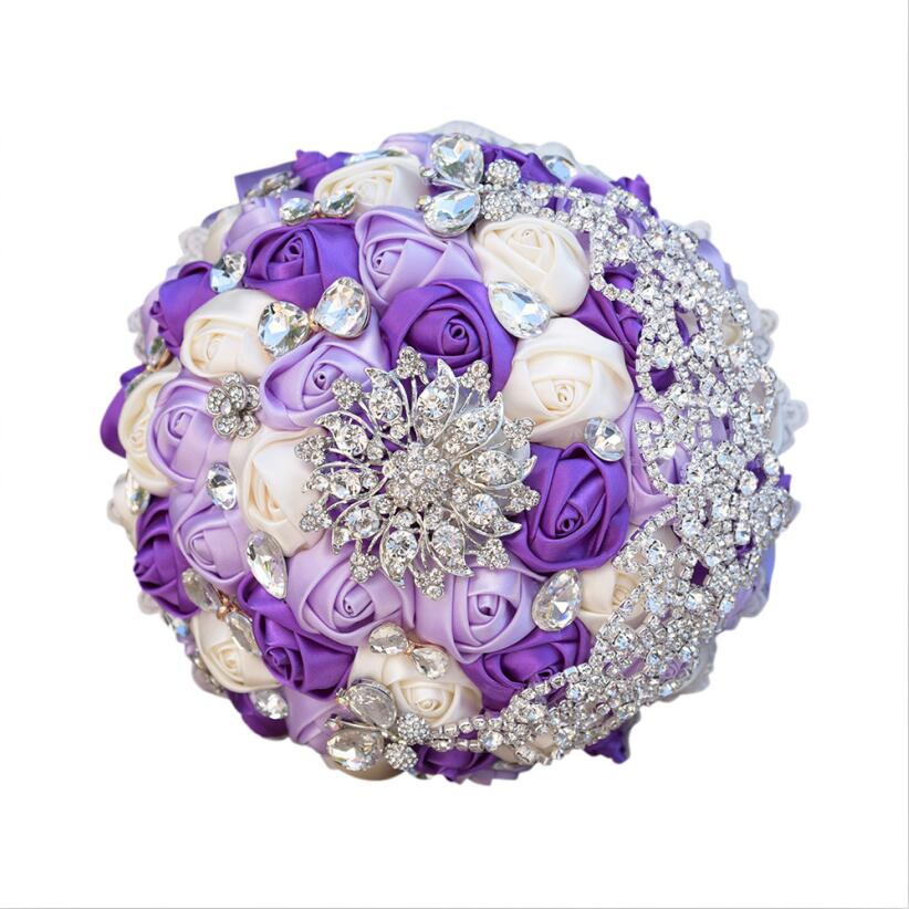 JaneVini Luxe Handgemaakte Satin Rose Bruidsboeketten Diamant Kristal Bruid Holding Bruiloft Bloemen Ramo Novia Flor Kunstmatige: Purple Beige