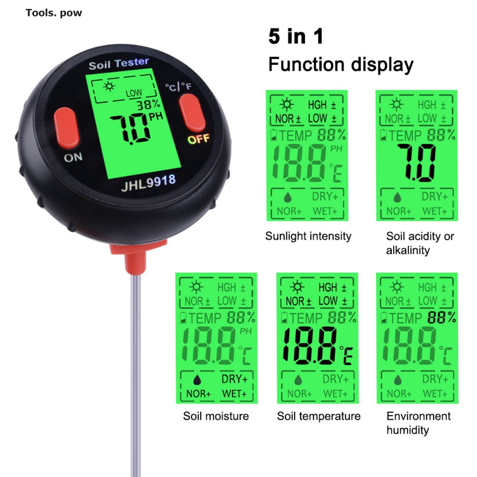 5 in 1 Soil PH Meter, Soil PH and Moisture Meter, Solar Temperature Measurement, Intensity Analysis, Soil Acid Alkaline Meter