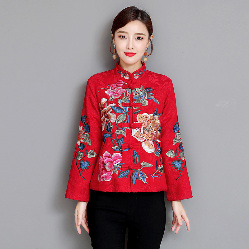 Manteau chinois Harajuku brodé pour femme, Style ethnique noir, , Slim, court, rouge,: Red / XXL