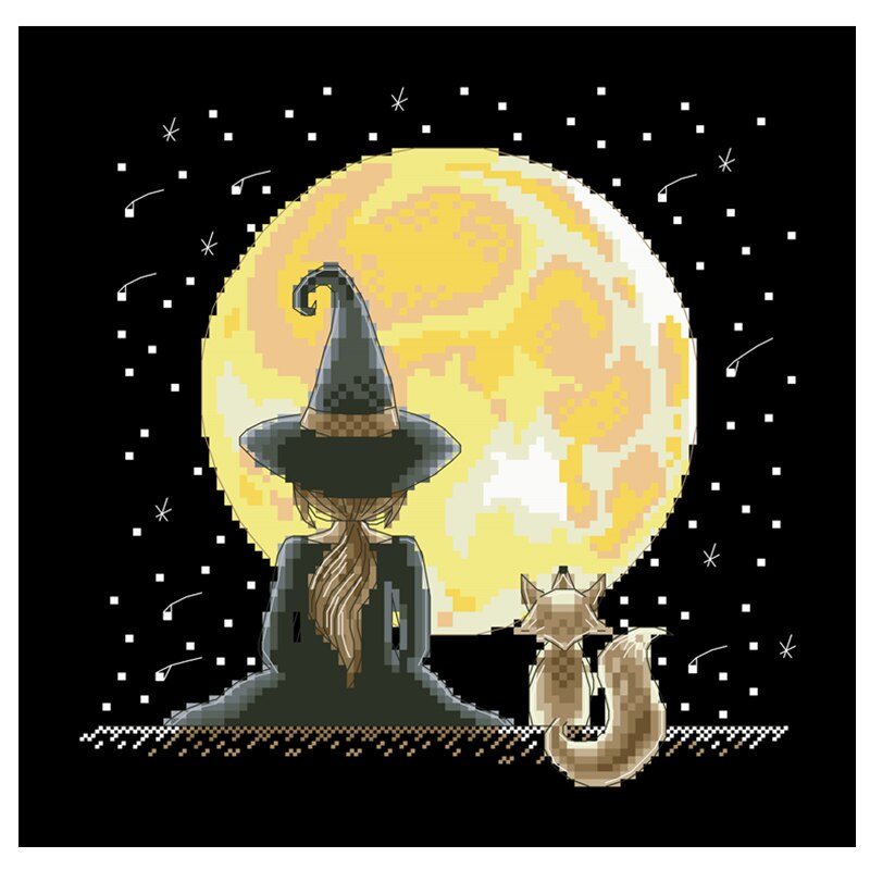 Kit de punto de cruz de bruja pequeña bajo la luna, de hilo de seda de algodón, 14ct 11ct, lienzo negro, bordado, costura artesanal