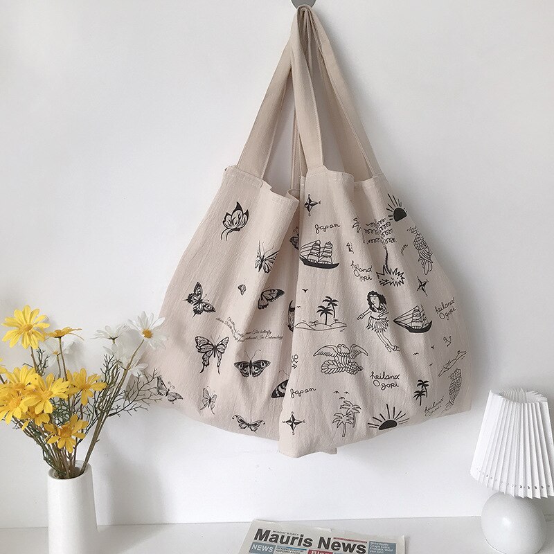 Cotton Linen Women Canvas Shopping Bags Eco Friendly Shoulder Bag Large Capacity Vintage Handbag Tote Butterfly Sailing Print