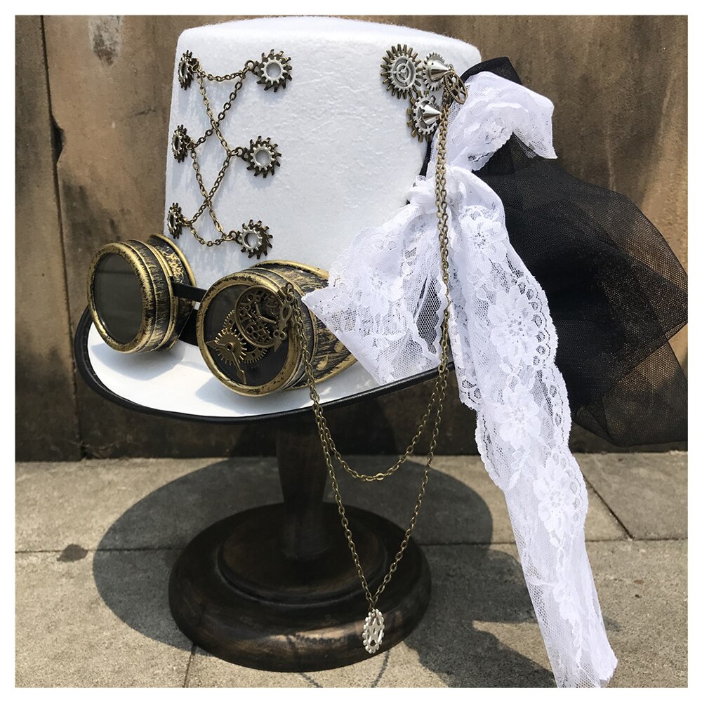 Sombrero de copa Steampunk hecho a mano para mujer, sombrero de copa Retro con gafas de engranaje y encaje, mágico para escenario, blanco, tamaño 57CM