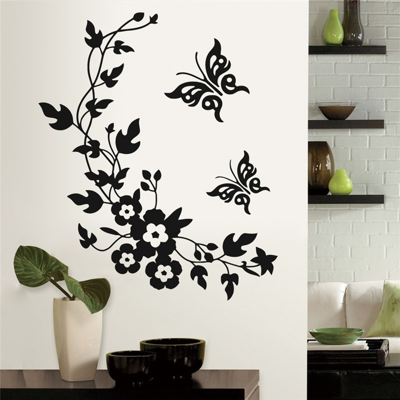 Zwarte klassieke vlinder bloem thuis bruiloft decoratie muurstickers voor woonkamer keuken badkamer decoratieve flora muurschilderingen