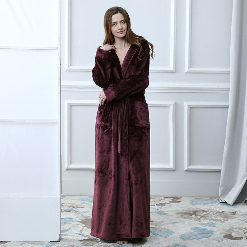 Extreme Lange Winter Vrouwen Badjas Warme Fluwelen Kimono Kamerjas Hooded Nachtjapon Nachtkleding Peignoir Bruidsmeisje Badjassen: Wine Red / M