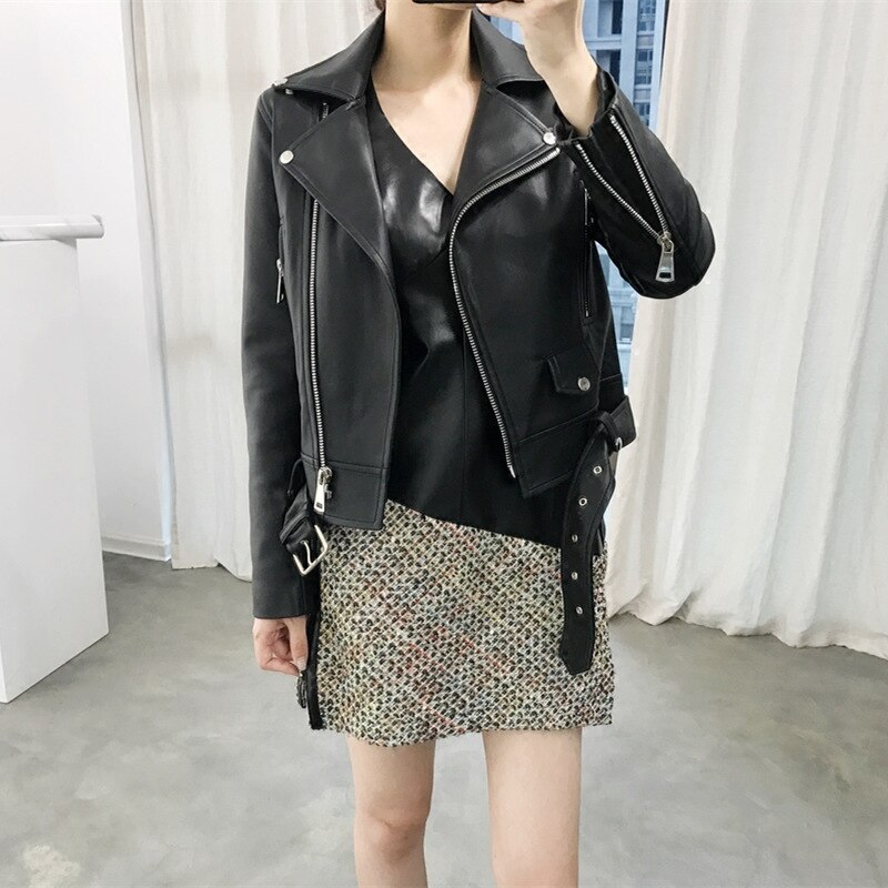 Women Faux Leather Jacket Slash Black Moto Leather Jacket Casual Slim Fall Outwear Street PU Jackets
