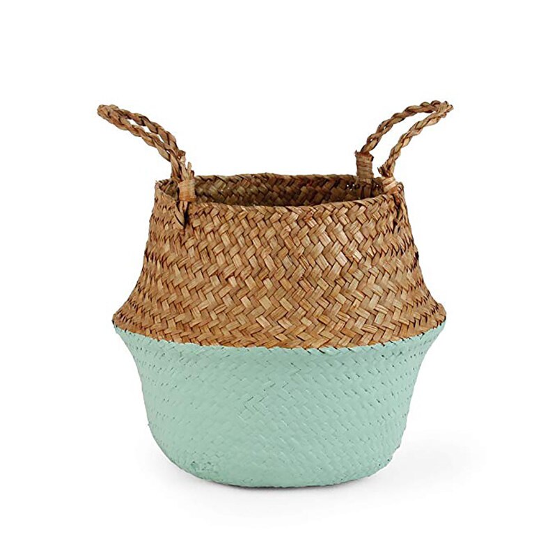 Boho Decor Foldable Handmade Rattan Storage Basket Folding Wicker Seagrass Belly Straw Garden Flower Pot Planter Panier Mimbre: olive green