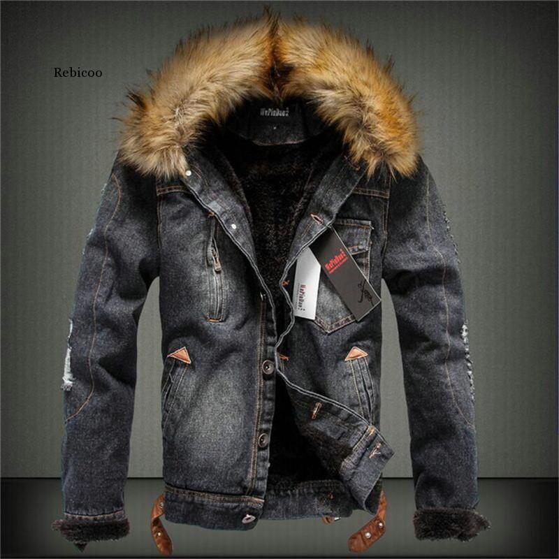 Fur Collar Men Denim Jacket Winter Thick Denim Jacket Retro Jacket Plus Size