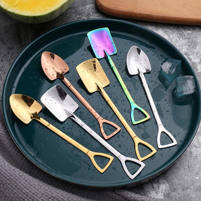 1Pcs 304 Stainless Steel Iron Shovel Spoon Retro Style Coffee Ice Cream Spoon 3Colors Multi Purpose Cusp/Square Kitchen Gadget