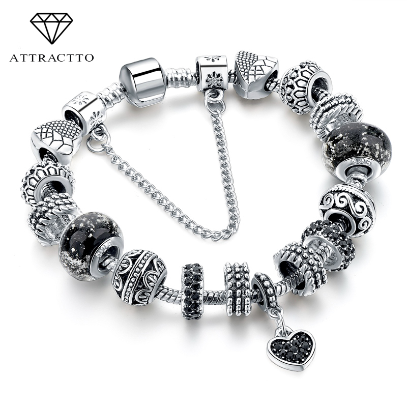 ATTRACTTO Black Charm love Bracelets & Bangles Bead s Bracelets For Women Jewelry Original Pulsera Bracelet SBR160293