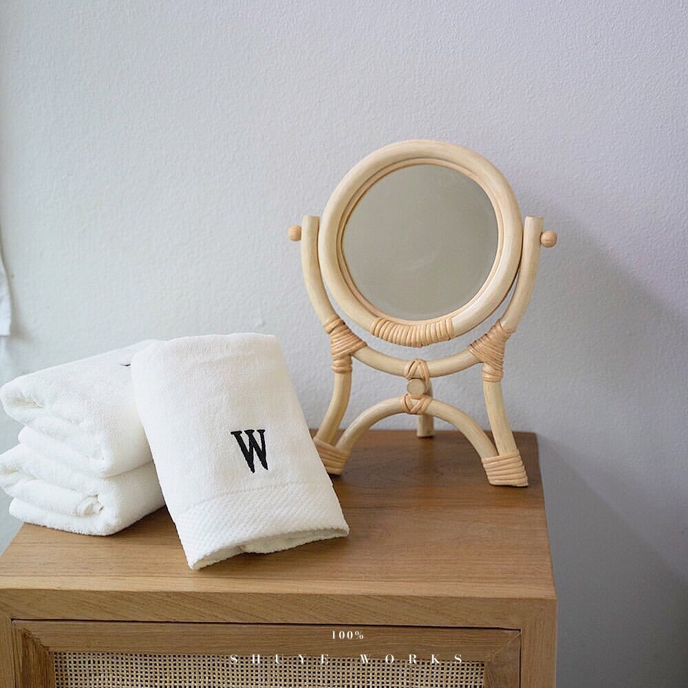 Hand-woven mirror natural rattan dressing table makeup mirror retro desktop vertical flip mirror home decoration