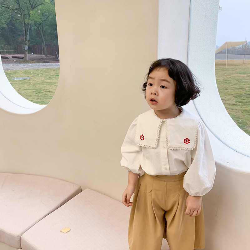 Spring Baby Girls Cute Embroidery Turn-down Collar Shirts Toddler Kids Long Sleeve Floral Tops Clothing