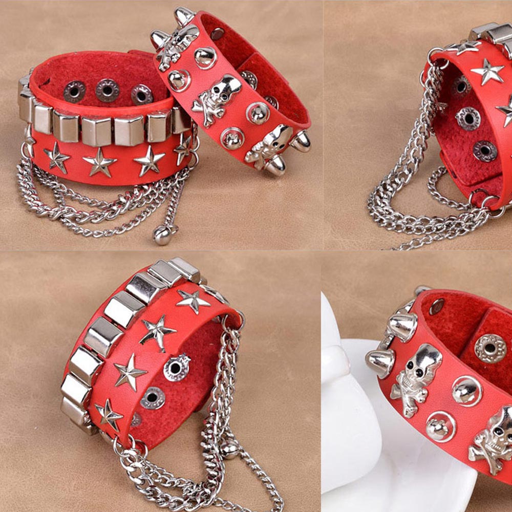 Gothic Skull Punk Jewelry Men Bracelet Women men punk skull Bracelet Rivet Leather Cuff Bangle W/Adjustable Button