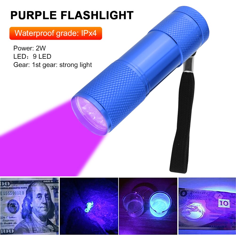 UV Light Torch Lamp Super Mini 9 LED Flashlight Black Ultraviolet Light Super Mini Aluminum UV Flashlight Torch Lamp: Blue no Stripe