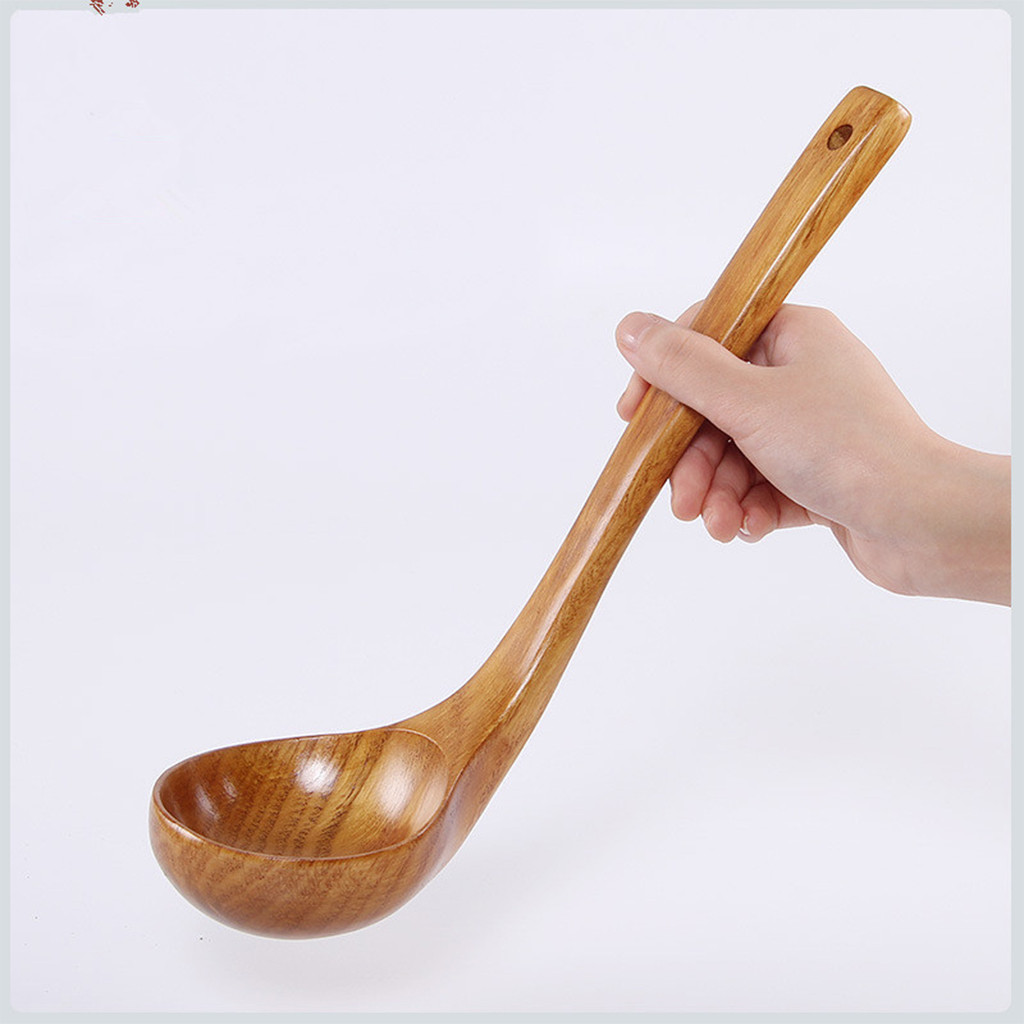 27cm Natural Wood Long Handled Rice Soup Cooking Spoons Big Ladle Pot Spoon Wood Spoon Tableware Tools Kitchen Accessories