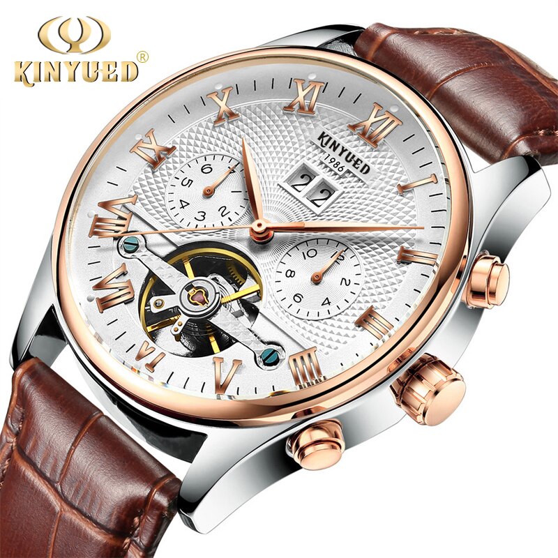 KINYUED Skeleton Tourbillon Mechanische Horloge Mannen Automatische Classic Rose Gold Leather Mechanische Horloges Reloj Hombre: Rose gold White