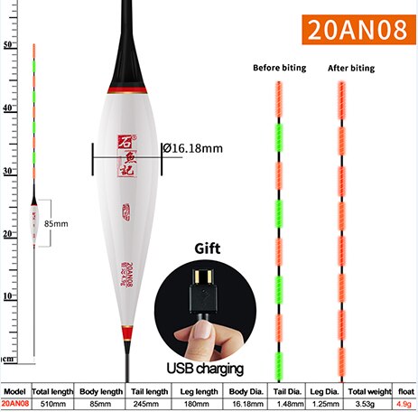 Jiuyu ai smart ledet karpe fiske flottør tyngdekraftssensor fisk bite minne bødu glødende elektrisk nattfiske flyte usb lader: 4.9 gx 51cm