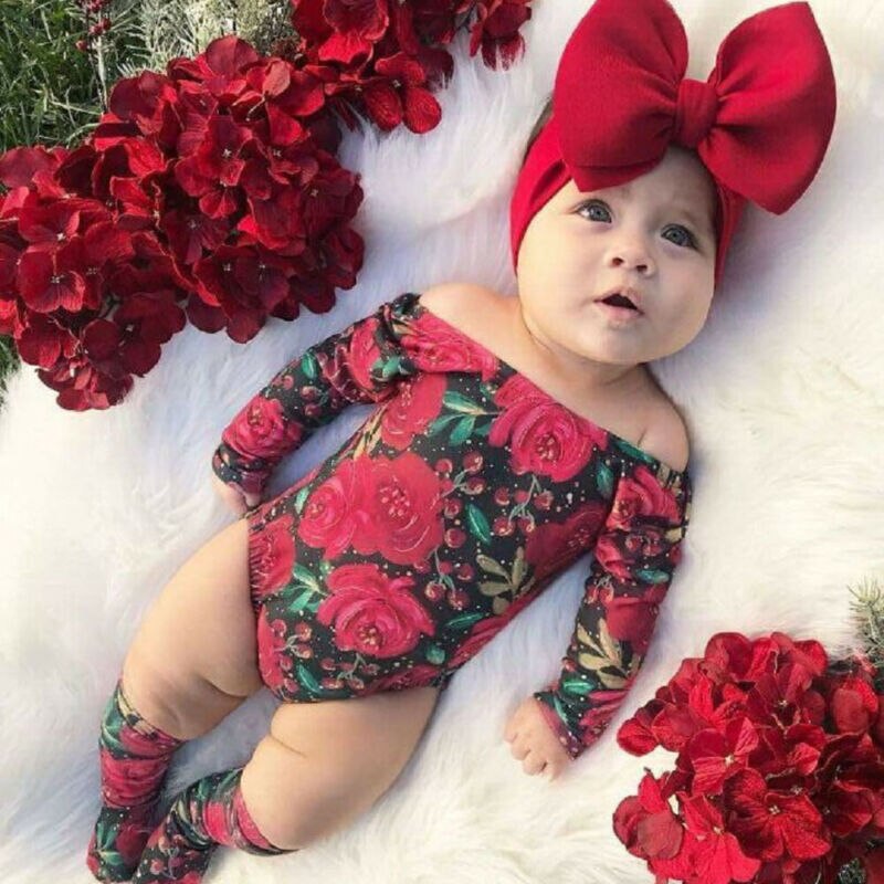 Newborn Kid Baby Girl Floral Clothes Off Shoulder Romper Socks Headband Outfit