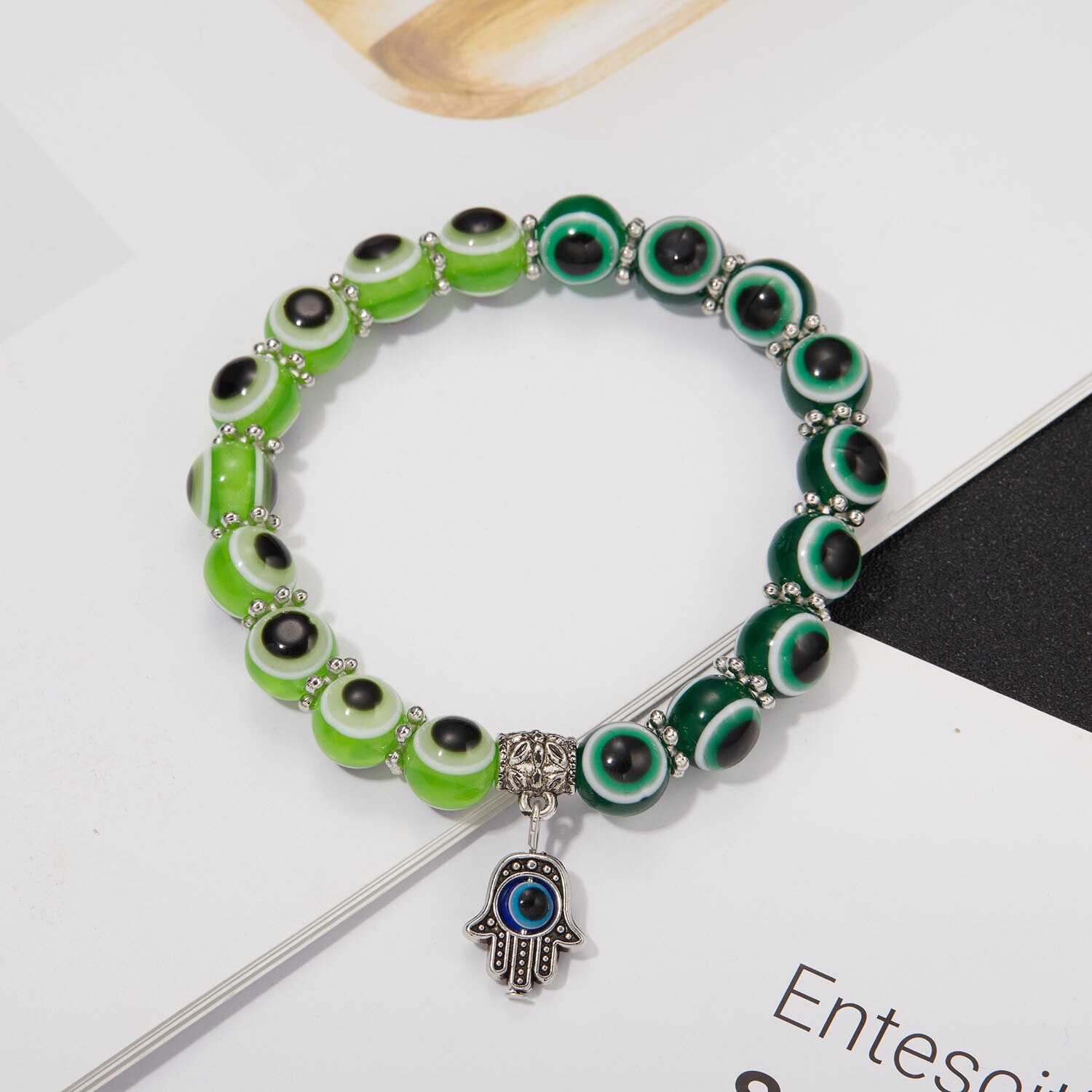 Niebieska bransoletka Evil Eye dla kobiet mężczyzn turecka dłoń wisiorek oczy koraliki Handmade szczęśliwa bransoletka elastyczna regulacja Charm bransoletka: Green Palm