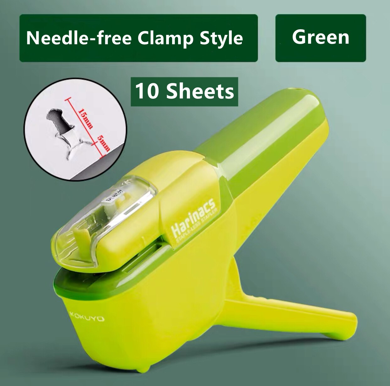 KOKUYO Stapleless Stapler Free Stapler Book Paper Mini Portable No Staples School Office Supplies For 5 Sheets or 10 Sheets: Clamp Style-Green