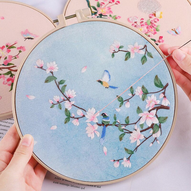 Chinese Flower Pattern Printed DIY Embroidery Kit with Hoop Handmade Needlework Cross Stitch Painting Sewing Craft Home Decor
