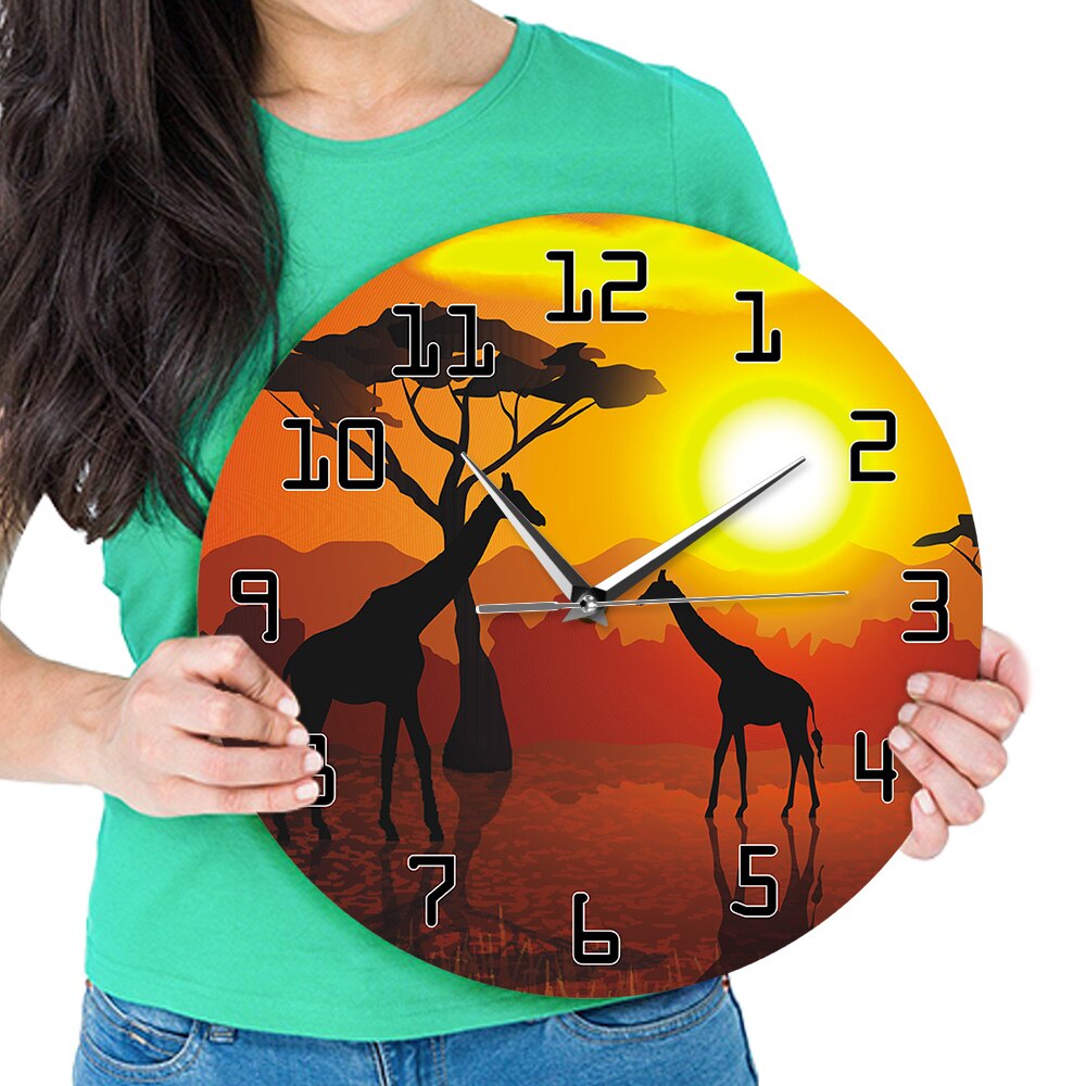 Serengeti African Sunset Savannah Safari Printed Hanging Timepiece Wildlife Giraffe Watch No Ticking Slient Wall Clock
