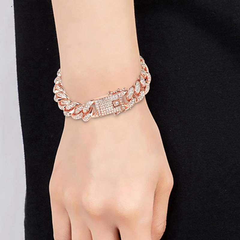 Mannen Zirkoon Curb Cubaanse Link Armband Hip Hop Sieraden Rose Goud Zilver-Plaat Kleurrijke Dikke Zware Materiaal Iced Keten armband