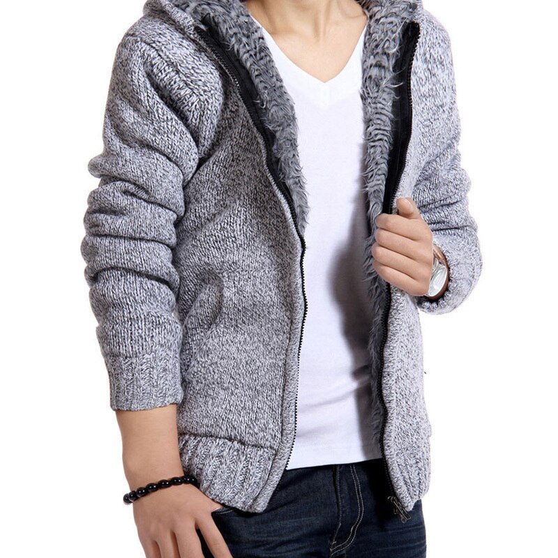 Herrtröja vinter varm tjock tröja jacka stickad luva tröja casual sammet päls tröja kappor 2xl: 3 / Xxl