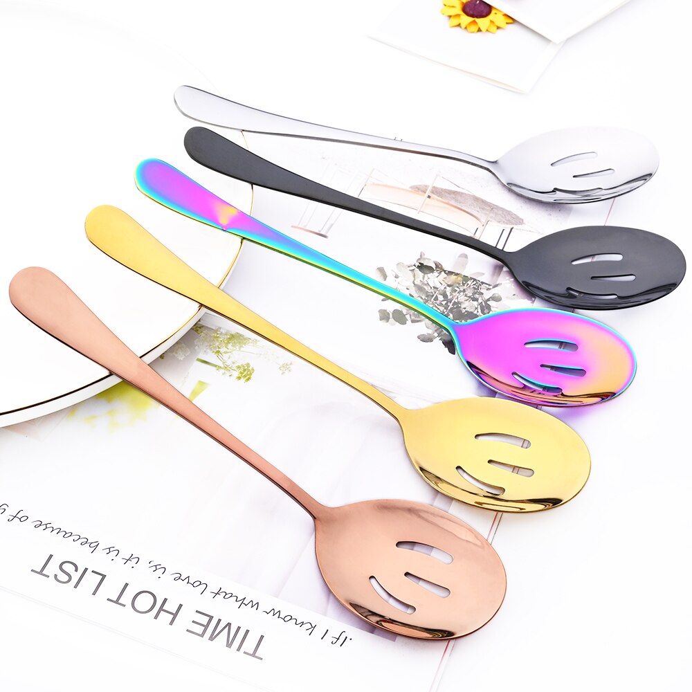 5Pcs Rainbow Stainless Steel Cutlery Serving Utensils Dinnerware Set Buffet Catering Serving Colander Spoons Fork Silverware Set