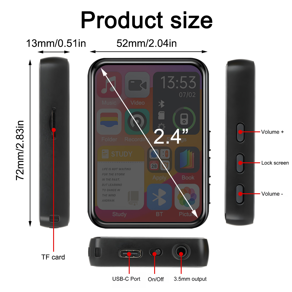 2025 Neuer Bluetooth 5.4 Touchscreen-MP3-Player HiFi Verlustfreie Musikwiedergabe Eingebauter Lautsprecher 32 GB Unterstützung Aufnahme E-Book