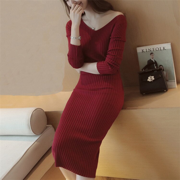 Trui Jurk Herfst Winter Vrouwen Sexy Bodycon Lange Gebreide Jurk Schede V-hals Dikke Warme Breien Jurken Vestidos SF420: wine red