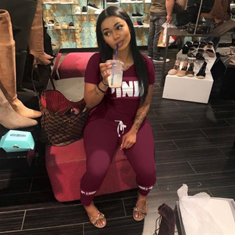 Pink Letter Print 2pcs Tracksuits Women Two Piece Set Street T-shirt Tops And Jogger Set Suits Casual 2pcs Outfits: brown / L