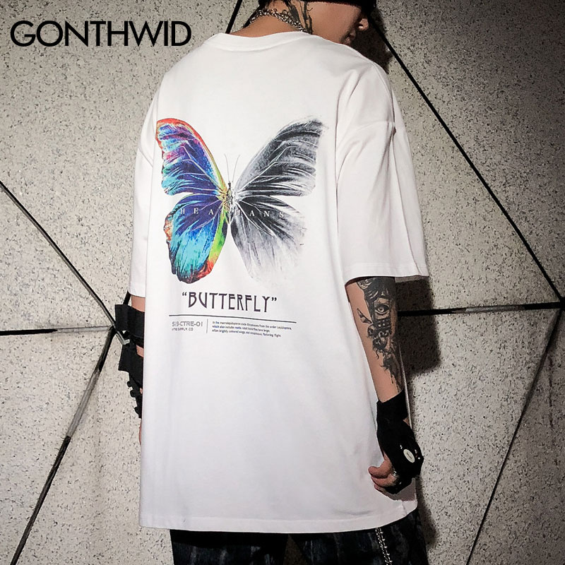 GONTHWID papillon imprimer à manches courtes t-shirts Streetwear Hip Hop décontracté ample t-shirts chemises hommes Harajuku été hauts homme
