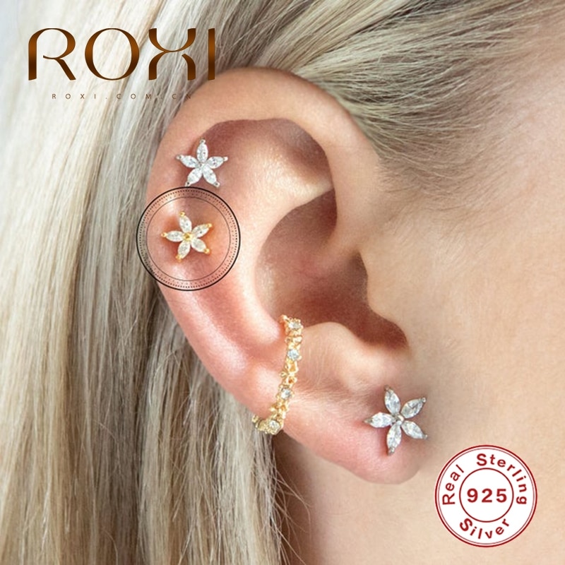 Roxi Mooie Mini Vijf Bloemblaadje Bloem Kolczyki Stud Oorbellen Voor Vrouwen Wedding Earing Zilver 925 Sieraden Luxe Kraakbeen Earring