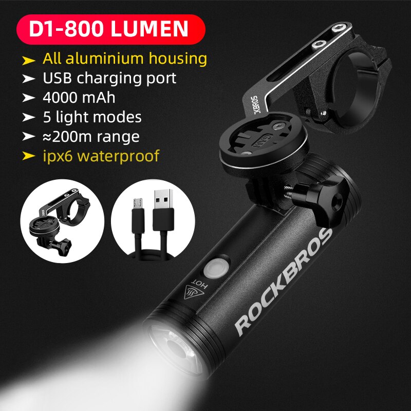 ROCKBROS Bike Front Light IPX6 Waterproof USB Rechargeable Bicycle Light 1000LM Cycling Headlight LED 4800mAh MTB Flashlight: D1-800 and holder