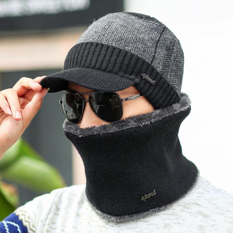 Vinter hatte beanies til mænd varm mand plus fløjl strikkede hatte tørklæder cap krave sæt balaclava maske motorhjelm gorras
