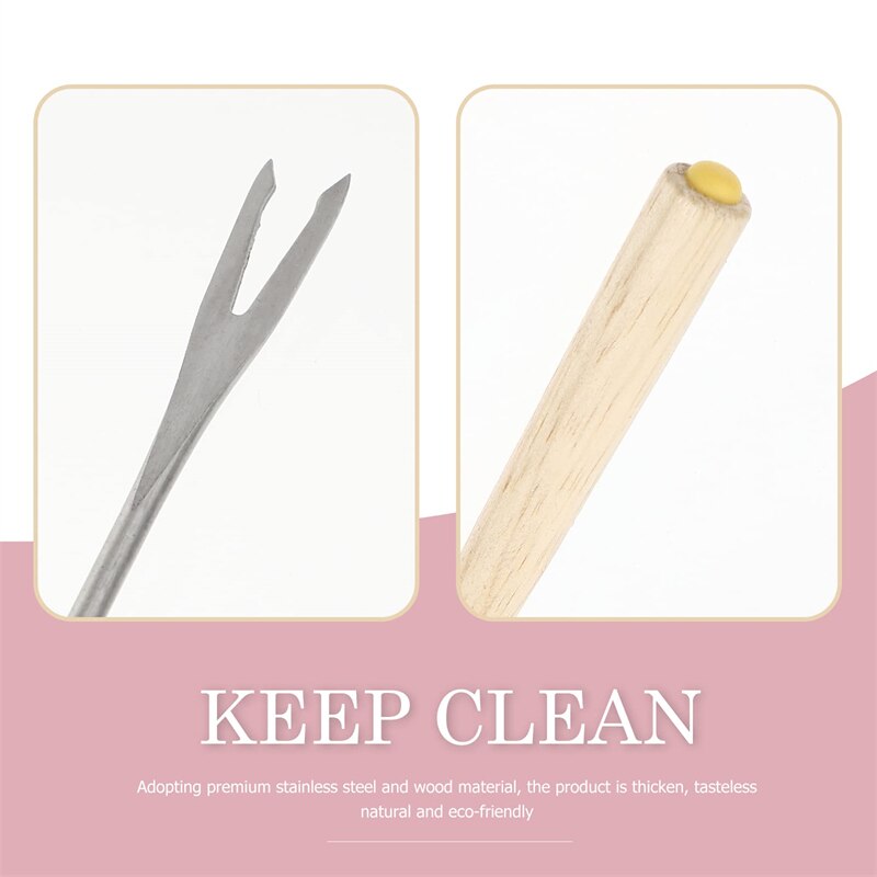 6Pcs Wood Handle Chocolate Fork Stainless Steel Cheese Fondue Forks Fork Heat Resistant Pot Fruit Dessert Fork Kitchen Tools