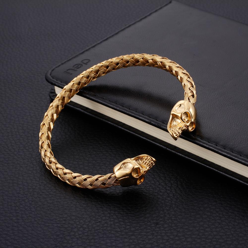 Kalen Double Skull Skull Gold Color Hip Hop Style Stainless Steel Open Bracelet Men's Jewelry