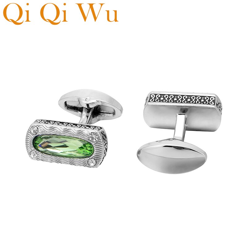 QiQiWu Retro Green Crystal Men Cufflinks Wedding Luxury Square Mens Shirt Cuff Buttons Silver Plated Cuff links Christmas