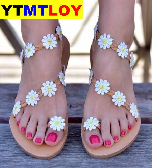 Frauen Sandalen Damen Sommer lässig Neue Gänseblümchen rutsch Flachen Boden Sandalen Böhmen Komfort Strand Schuhe Plus Größe