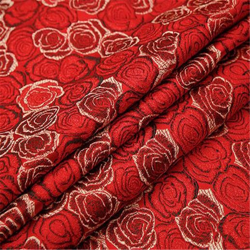 Tela de brocado de poliéster con de rosas rojas, tejido de Jacquard con estampado Floral para vestidos de novia y boda